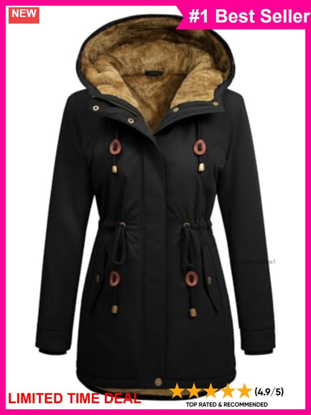 Fleece Lined Parka Winter Coat Waterproof Windproof Hooded Drawstring